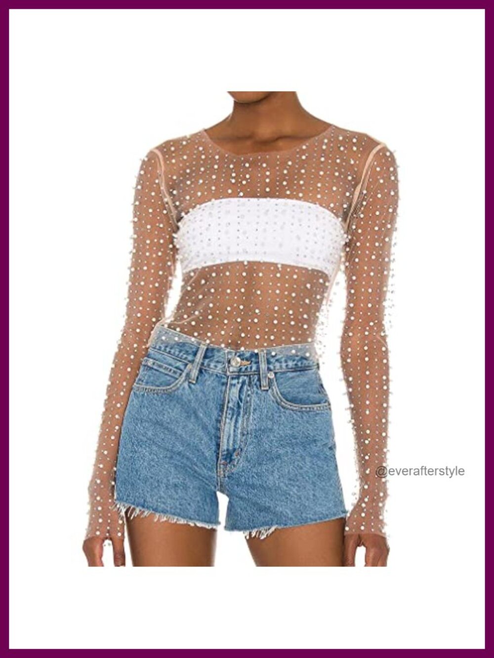 Women Pearl Rhinestone Sheer Mesh Crop Top Long Sleeve Slim Fit Blouse